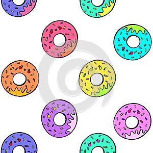 Kawaii donuts seamless pattern. Vector illustration isolated on white background