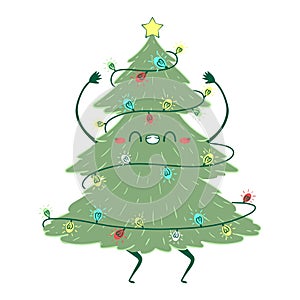Kawaii doodle Christmas tree dancing. Children\'s handmade naive style. photo