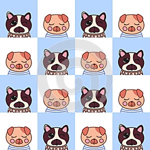 Kawaii doodle puppies seamless pattern on white-blue background, cute domestic animals, lovely cartoon drawing gods, pug, bulldog,