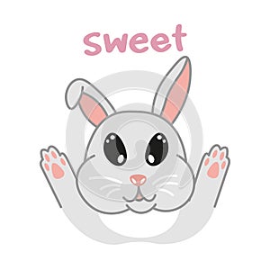 Kawaii doodle rabbit bunny, cute domestic animal, lovely cartoon drawing pet, editable vector illustration for kids decoration,