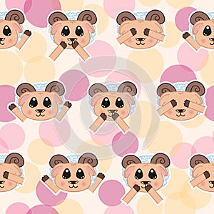 Kawaii doodle rams seamless pattern on beige background, cute domestic sheep animals, lovely cartoon drawing pets, editable vector