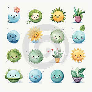 Kawaii Earth Watercolor Cliparts AI Generated