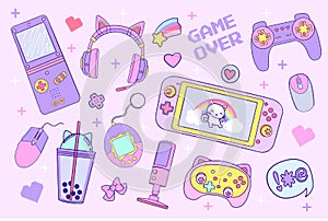 Kawaii elements set for Gamer Girl. 90s Game cute vector illustration