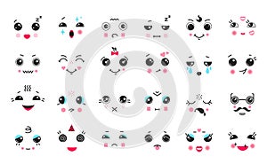 Kawaii faces. Cartoon anime and manga cute emoticons with big black eyes, funny faces with different emotions. Vector photo