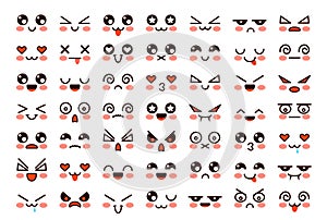 Kawaii faces. Cute cartoon emoticon with different emotions. Funny japanese emoji with eyes and mouth, comic expressions photo