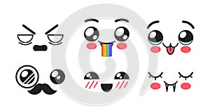 Kawaii Facial Expressions, Emojis Set. Angry, Bloat With Rainbow, Smile, Mustached Gentleman With Monocle