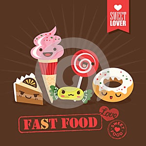 Kawaii fast food sweets candy cartoon characters illustration