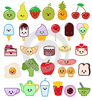 Kawaii food vector emoticon japanese fruit or vegetable character and emoji dish with cartoon sausage in Japan