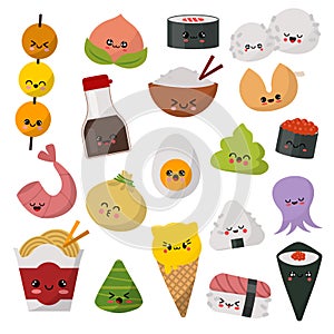 Kawaii food vector emoticon japanese sushi character and emoji sashimi roll with cartoon rice in Japan restaurant