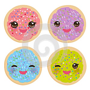 Kawaii Frosted sugar cookies, Italian Freshly baked biscuit with pink frosting and colorful sprinkles. Bright colors pink purple g