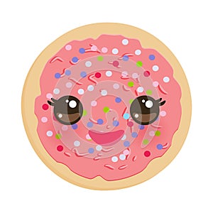 Kawaii Frosted sugar cookies, Italian Freshly baked biscuit with pink frosting and colorful sprinkles. Bright colors on white back