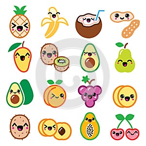Kawaii fruit and nuts cute characters icons set