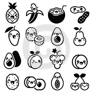 Kawaii fruit and nuts cute characters icons set