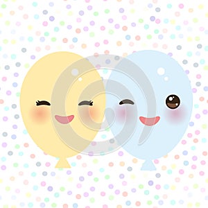 Kawaii funny balloons yellow blue with pink cheeks and eyes on white polka dot background. Vector