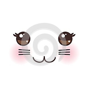 Kawaii funny cat muzzle with pink cheeks and big black eyes on white background. Vector