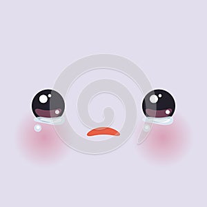 Kawaii funny muzzle with pink cheeks and big eyes Cute Cartoon Crying Face on lilac background. Vector