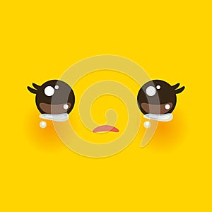 Kawaii funny muzzle with pink cheeks and big eyes Cute Cartoon Crying Face on yellow orange background. Vector