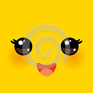 Kawaii funny muzzle with pink cheeks and big eyes Cute Cartoon Face on yellow orange background. Vector illustration