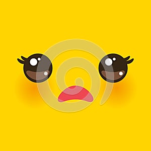 Kawaii funny muzzle with pink cheeks and big eyes Cute Cartoon sad Face on yellow orange background. Vector illustration