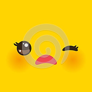 Kawaii funny muzzle with pink cheeks and big eyes Cute Cartoon sad Face on yellow orange background. Vector illustration