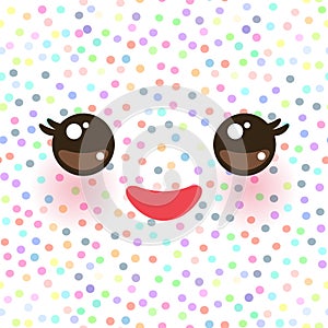 Kawaii funny muzzle with pink cheeks and eyes on white polka dot background. Vector