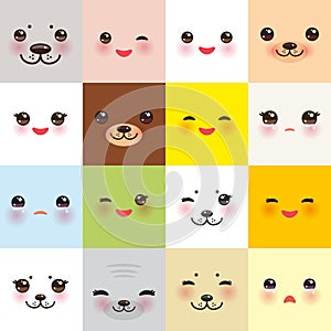 Kawaii funny muzzle set bear cat dog hare seal, animal faces collection with pink cheeks and winking eyes on square background.