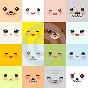 Kawaii funny muzzle set with pink cheeks and winking eyes on square background. Vector
