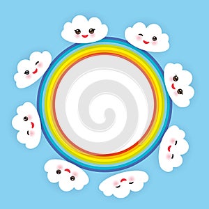 Kawaii funny white clouds set, muzzle with pink cheeks and winking eyes. rainbow round frame on light blue background. Vector