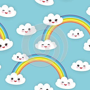 Kawaii funny white clouds set, muzzle with pink cheeks and winking eyes. Seamless pattern on blue background. Vector