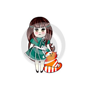 Kawaii Girl in a Green Dress with Kawaii Red Cat