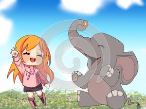 Kawaii girl make friend with baby elepant