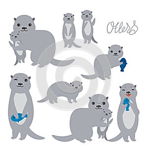 Kawaii grey otters family with children with fish on white background. Applicable for Banners, Placards, Posters, Flyers. Vector