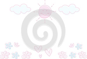 Kawaii handdraw style of sun cloulds and flowers whit hearts in flat design.