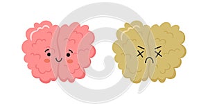 Kawaii happy human brain character and sad crying brain character. Hand drawn symbols of healthy mind and psychological