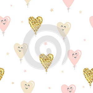 Kawaii heart balloons seamless pattern background. Gold glitter, pastel pink and beige colors. For Valentines day, birthday, baby