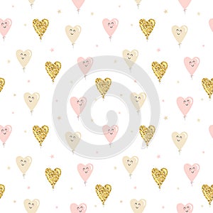 Kawaii heart balloons seamless pattern background. Gold glitter, pastel pink and beige colors. For Valentines day, birthday, baby