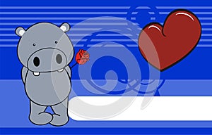 Kawaii hippo cartoon holding a red rosse valentine background