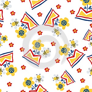 Kawaii honey bee and abstract daffodil flower in aztec motif vase. Seamless vector pattern background. Cute bug and