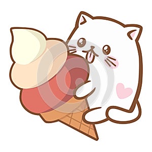 Kawaii illustration of a cute fat white cat enjoying a huge sweet ice cream