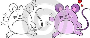 Kawaii before and after illustration of mouse, waving, with hearts, contour an color, for coloring book, or Valentine`s card