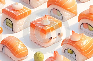 Kawaii illustration of sushi with eyes in pastel colors