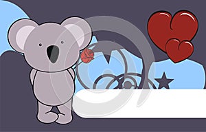 Kawaii koala cartoon holding a red rosse valentine background