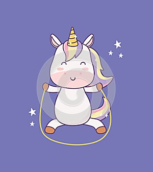 Kawaii little unicorn with jump rope cartoon character magical fantasy