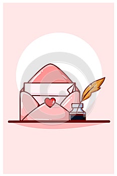Kawaii love valentine letter in the envelope with dip pen cartoon illustration