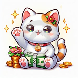 Kawaii lucky cat and money on isolate background. Lucky money charm wallpaper