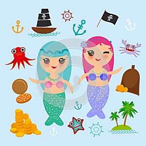 Kawaii Mermaid with blue pink hair cute kawaii girl pirate boat with sail, gold coins crab octopus starfish island with palm trees