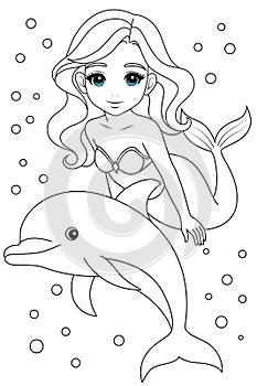 Kawaii mermaid princess and cute dolphin coloring page