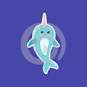 Kawaii narwhal sticker concept, cute baby whale character