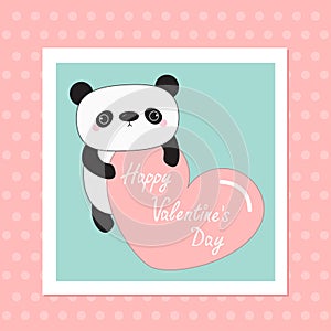 Kawaii panda baby bear. Happy Valentines Day. White frame. Cute cartoon character holding big pink heart. Wild animal collection