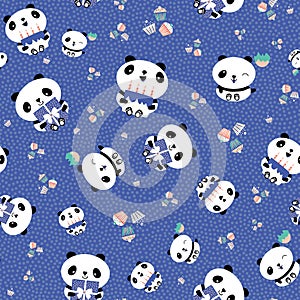 Kawaii panda birthday vector seamless pattern background. Cute backdrop with laughing cartoon bears holding cakes